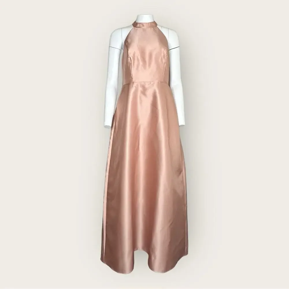 NWT | Alfred Sung | High-Neck Cutout Satin Dress | Toasted Sugar | 12R - Picture 2 of 15